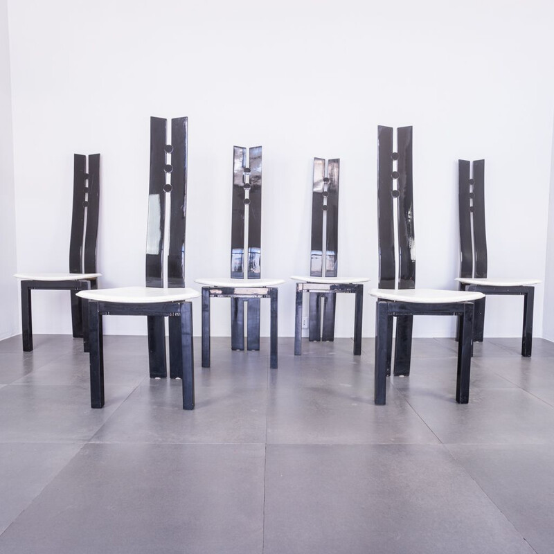 Vintage dining set in black lacquered wood and glass, 1980s