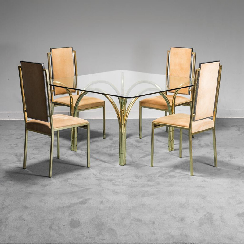 Vintage dining set in golden metal and glass, 1970s