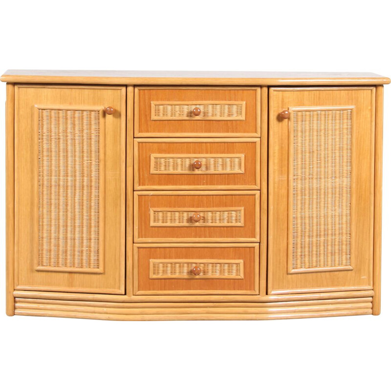 Credenza vintage in legno e rattan, Italia 1970