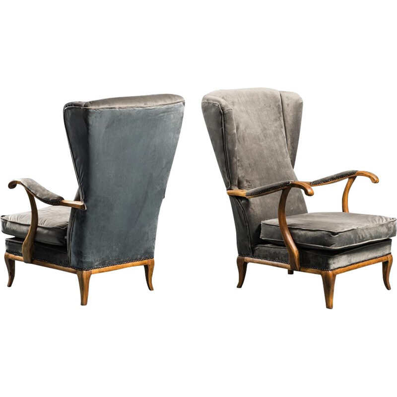 Pair of vintage wood and velvet armchairs by Paolo Buffa, 1950