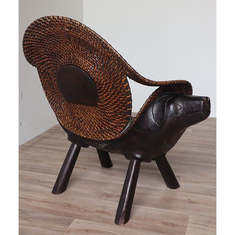 Vintage armchair in carved wood and rattan, 1960