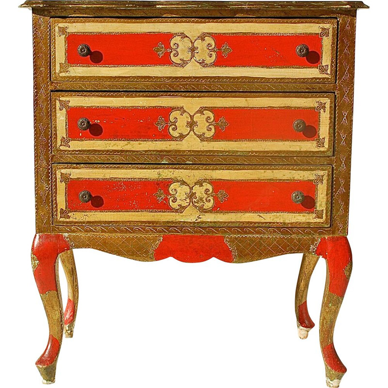 Vintage Florentine gilt and red chest of drawers, Italy 1960s