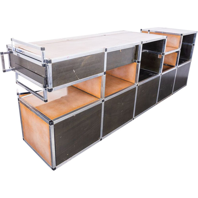 Modular multifunctional vintage sideboard in chrome steel, 1970