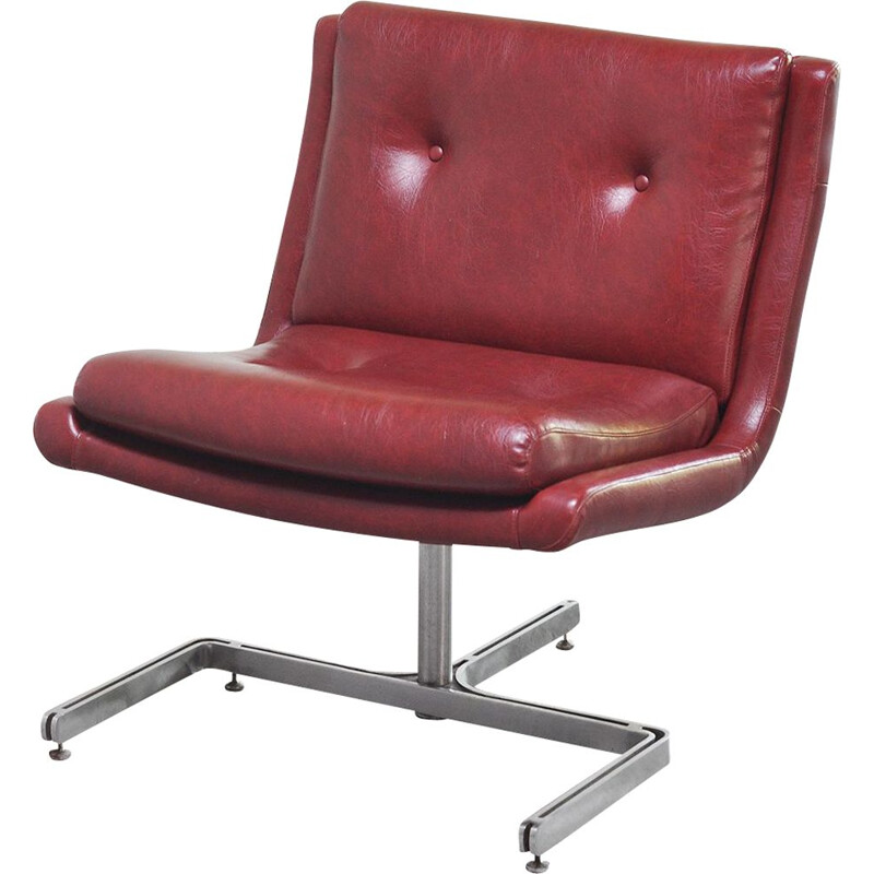 French vintage armchair in red leather & stainless steel by Raphael Raffel, 1970s