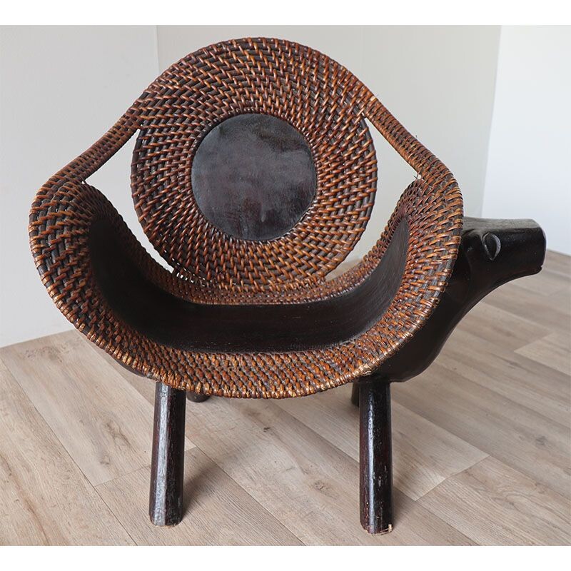 Vintage carved wood and rattan armchair for children, 1960