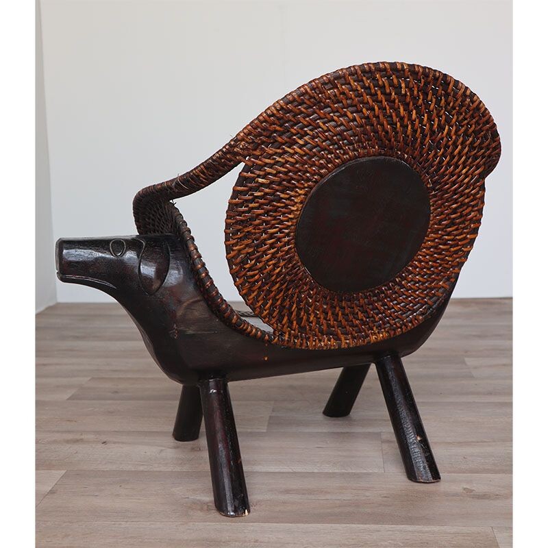 Vintage carved wood and rattan armchair for children, 1960