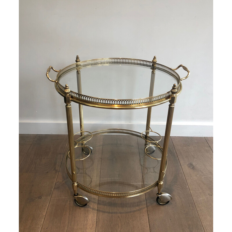 Vintage brass and glass serving table on wheels by Jansen, 1940