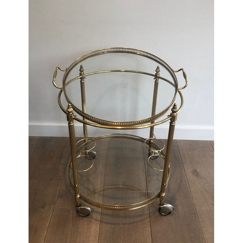 Vintage brass and glass serving table on wheels by Jansen, 1940