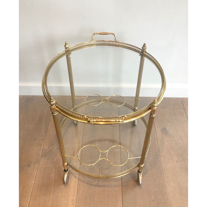 Vintage brass and glass serving table on wheels by Jansen, 1940