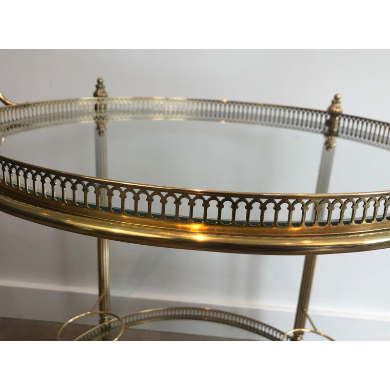 Vintage brass and glass serving table on wheels by Jansen, 1940