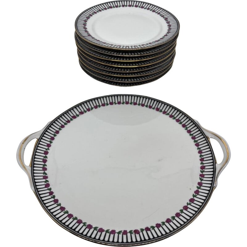 Set of 8 vintage art deco plates with a dish by Chabrol and Poirier, 1920