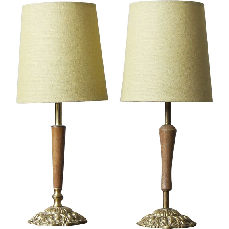 Pair of vintage teak and brass table lamps, 1960s