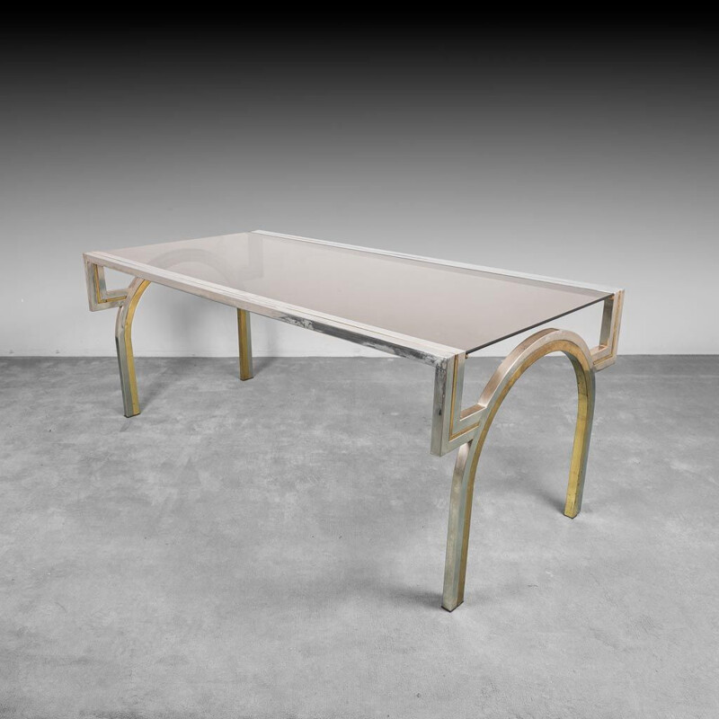 Vintage dining table in chromed metal and smoked glass, 1970s