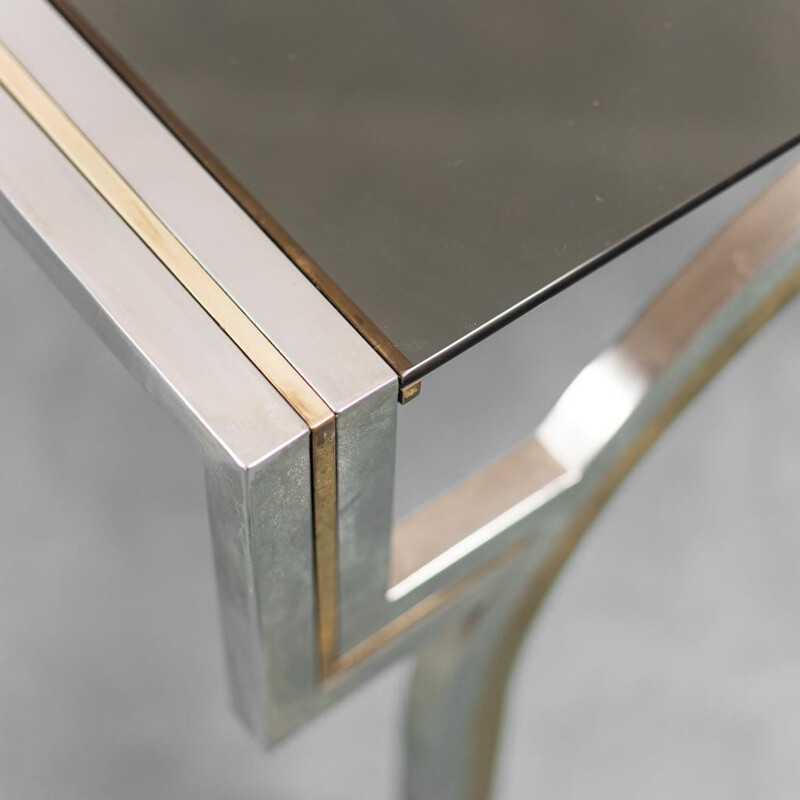 Vintage dining table in chromed metal and smoked glass, 1970s
