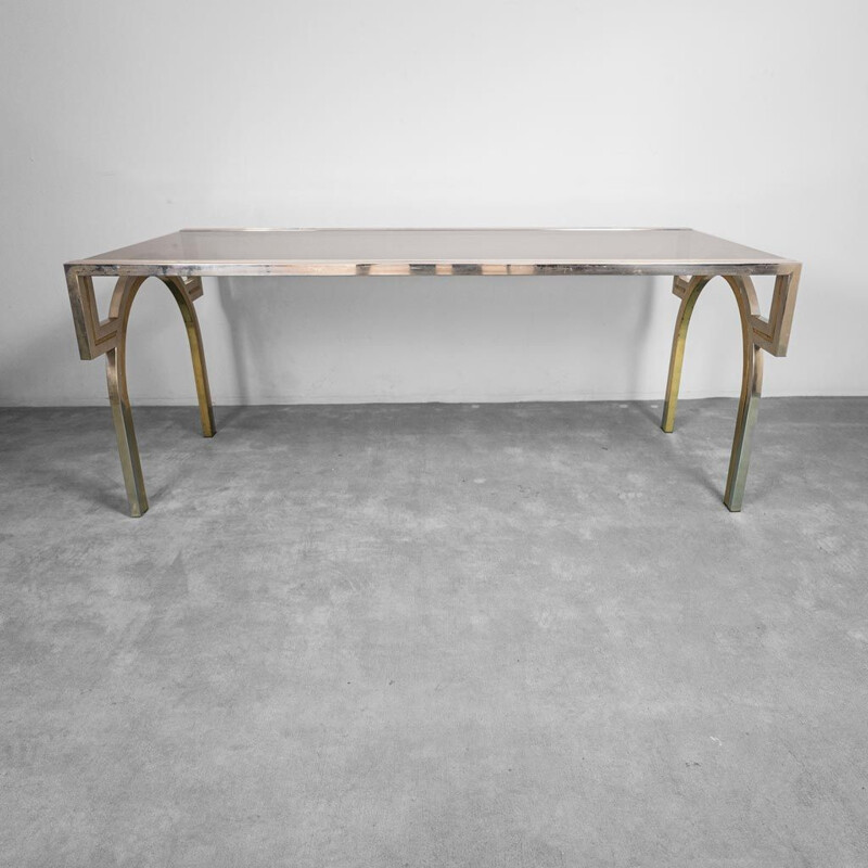 Vintage dining table in chromed metal and smoked glass, 1970s