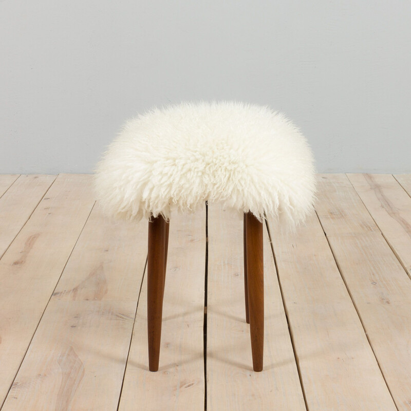 Danish mid century teak footrest in long hair sheepskin, 1960s