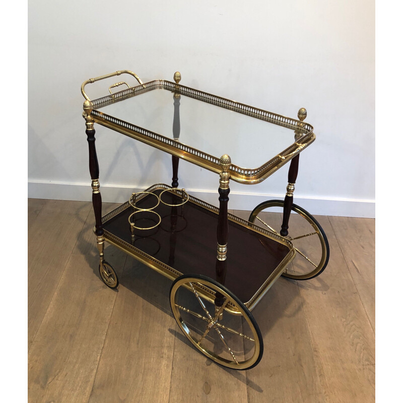 Vintage brass and mahogany serving table on wheels by Maison Baguès, 1940