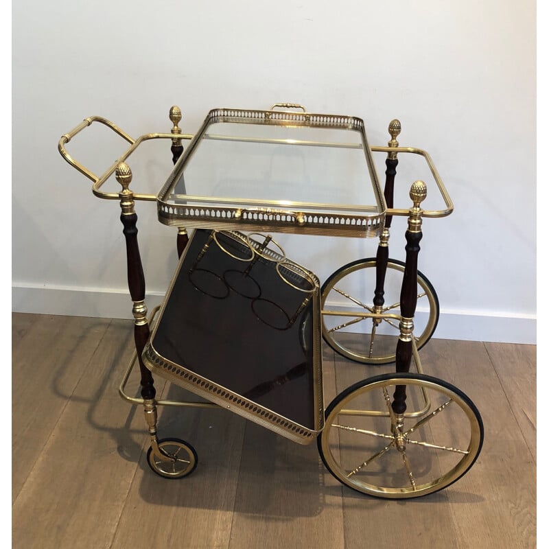 Vintage brass and mahogany serving table on wheels by Maison Baguès, 1940