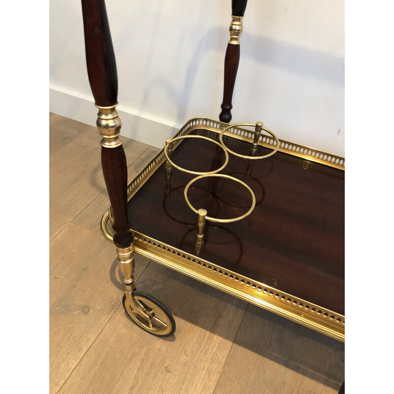 Vintage brass and mahogany serving table on wheels by Maison Baguès, 1940