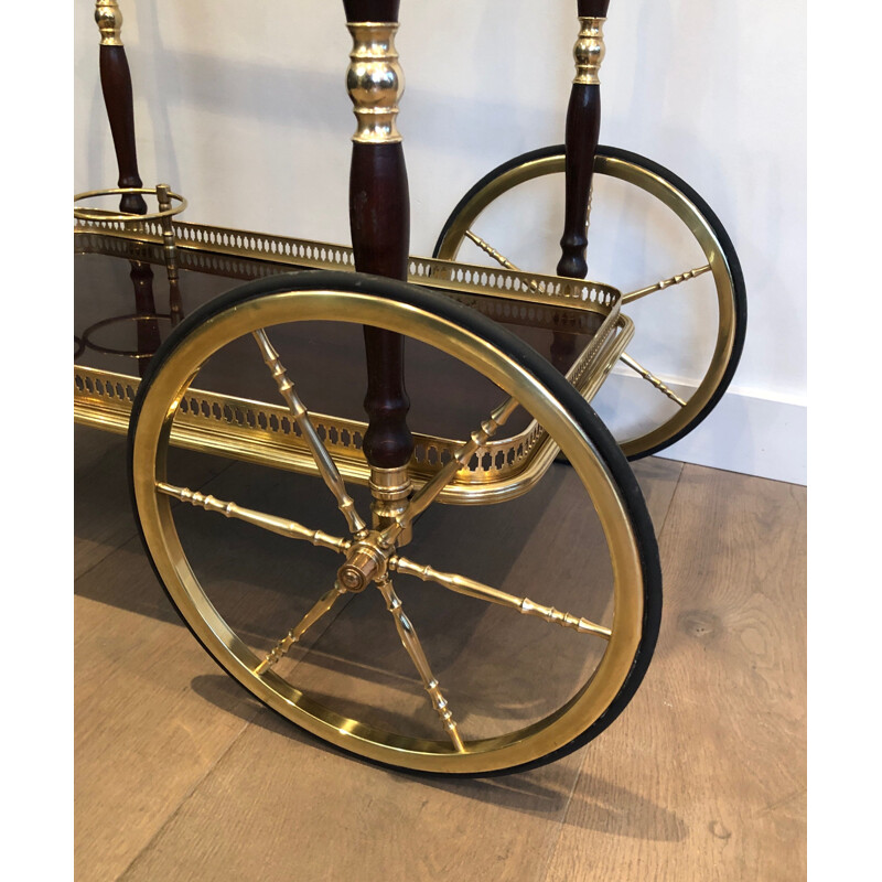 Vintage brass and mahogany serving table on wheels by Maison Baguès, 1940