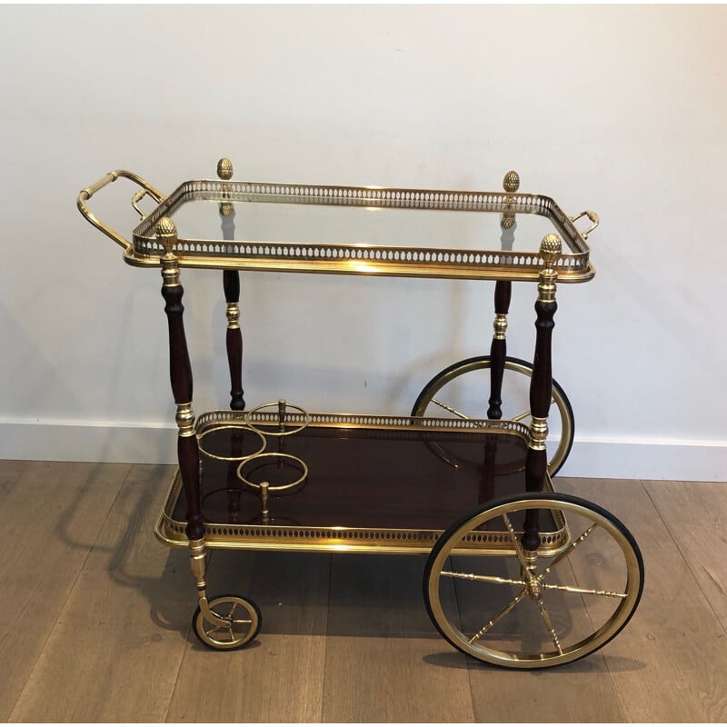 Vintage brass and mahogany serving table on wheels by Maison Baguès, 1940