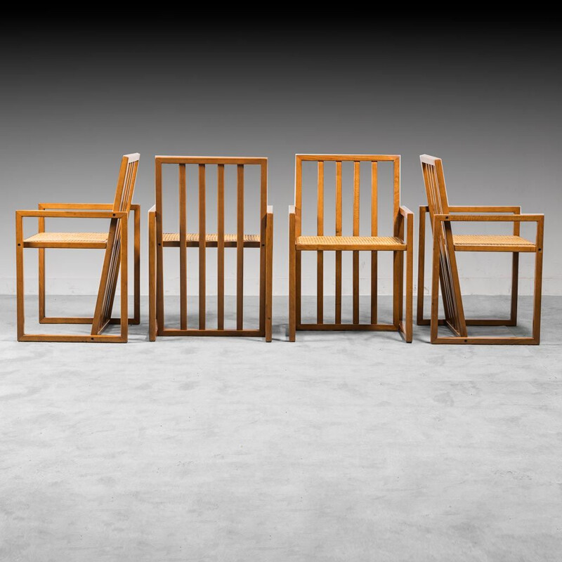 Juego de 4 sillas vintage de madera y paja, 1970