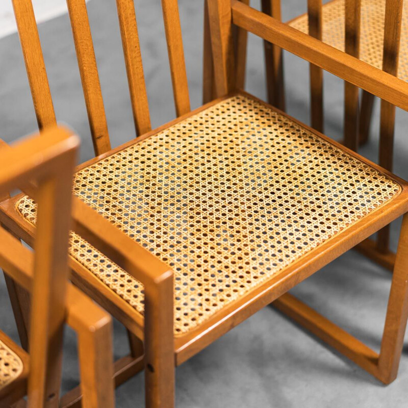 Conjunto de 4 cadeiras de madeira e palha vintage, 1970