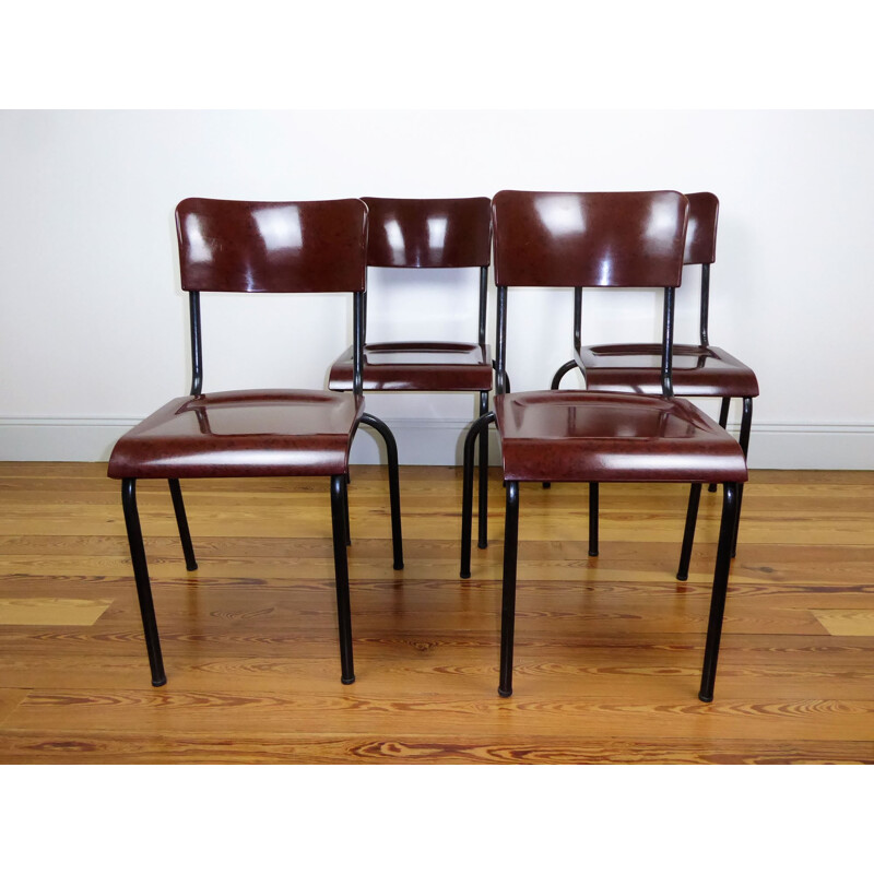 Mid century set of 4 chairs in bakelite and metal, René HERBST - 1940s