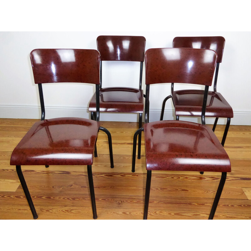 Suite de 4 chaises vintage en métal et bakélite, René HERBST - 1940