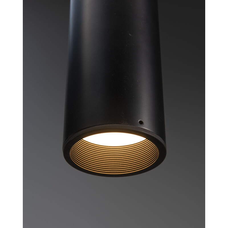 Vintage cylindrical black lacquered aluminum pendant lamp, 1950
