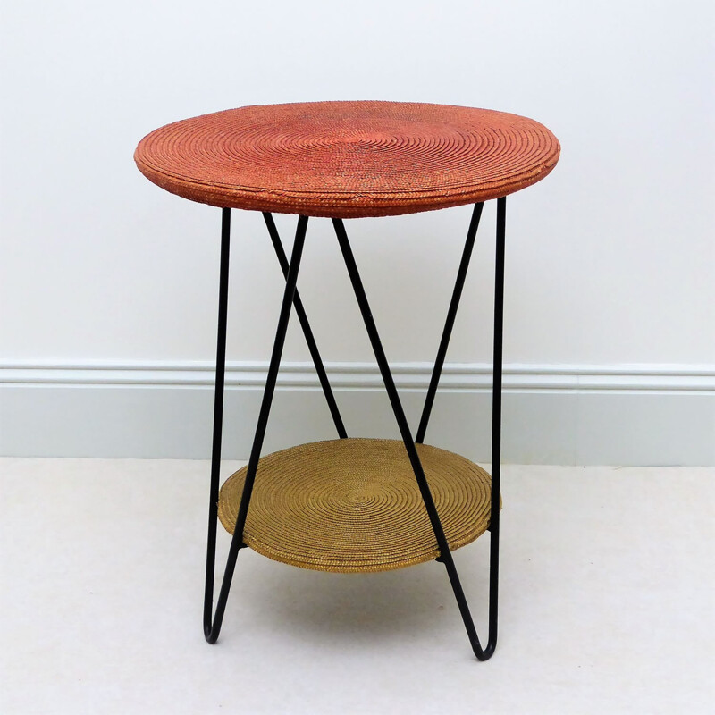 Mid century circular side table in straw and metal - 1950s