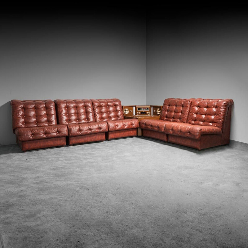 Vintage modular living room set in brown eco leather