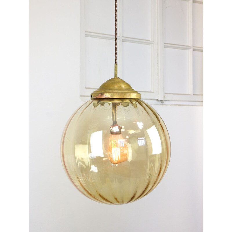 Yellow mid-century glass & brass globe pendant lamp