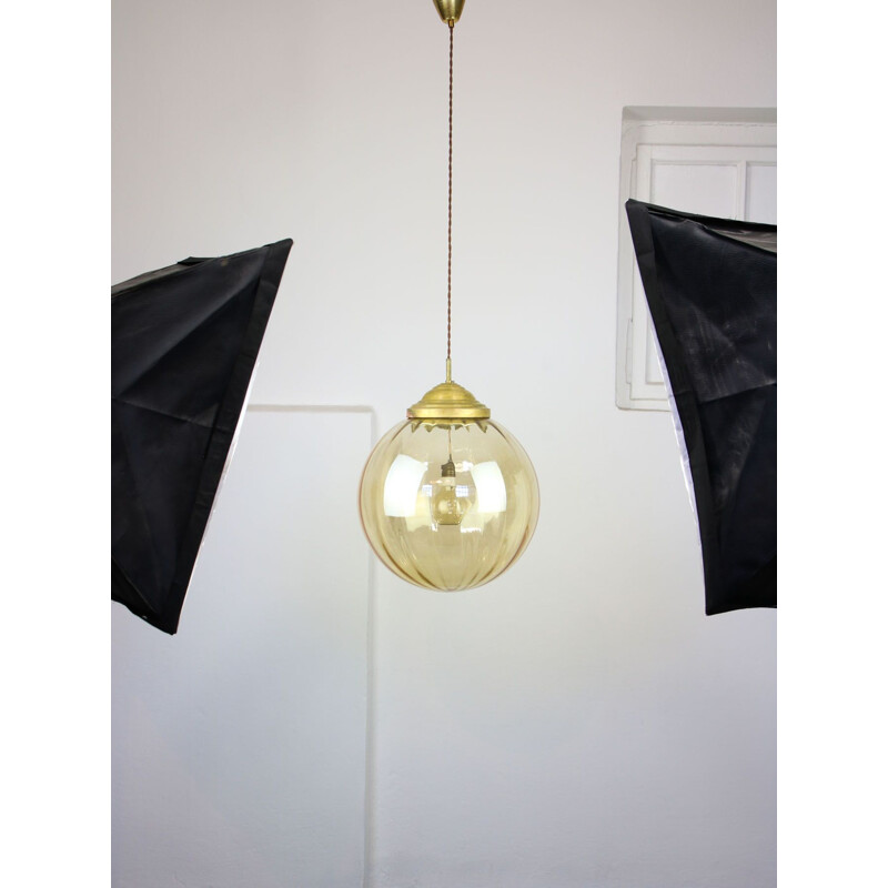 Yellow mid-century glass & brass globe pendant lamp