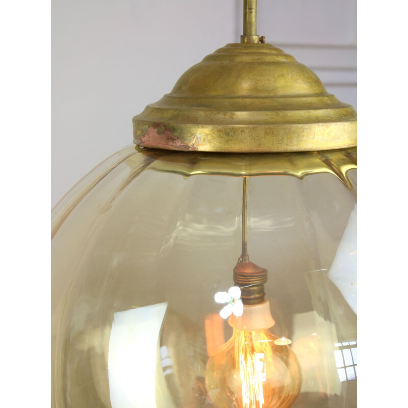 Vintage hanglamp van glas en geel messing