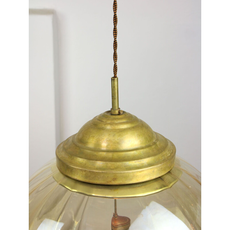 Yellow mid-century glass & brass globe pendant lamp
