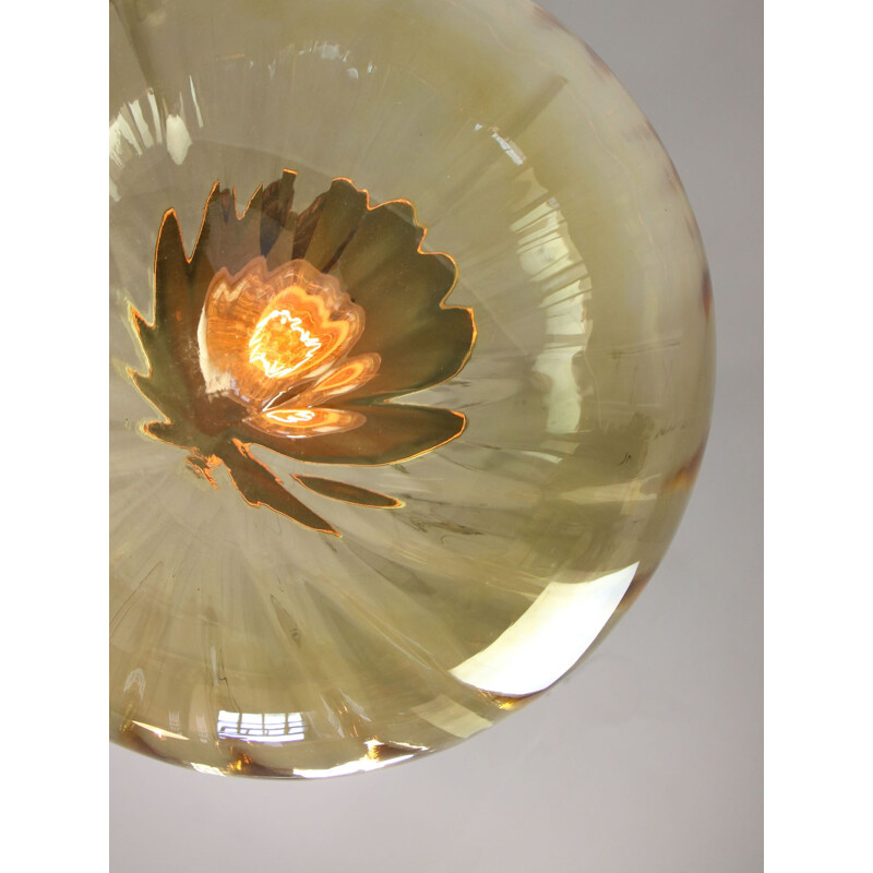 Yellow mid-century glass & brass globe pendant lamp