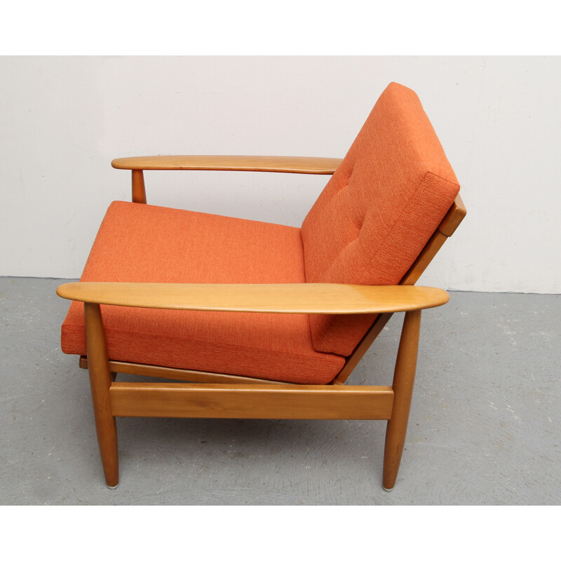 Mid century reupholstered armchair in orange fabric - 1960s