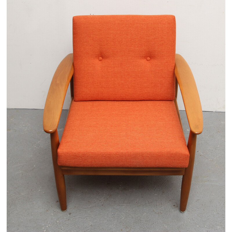 Mid century reupholstered armchair in orange fabric - 1960s