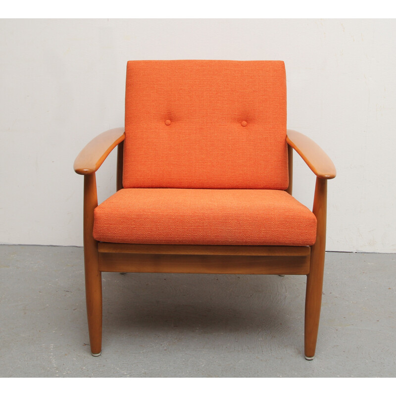 Mid century reupholstered armchair in orange fabric - 1960s