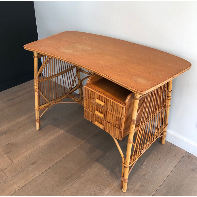 Vintage rattan desk by Audois Minet, France 1970