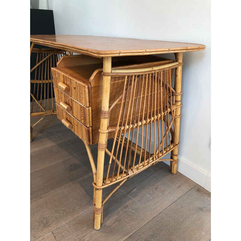 Vintage Rattan Schreibtisch von Audois Minet, Frankreich 1970