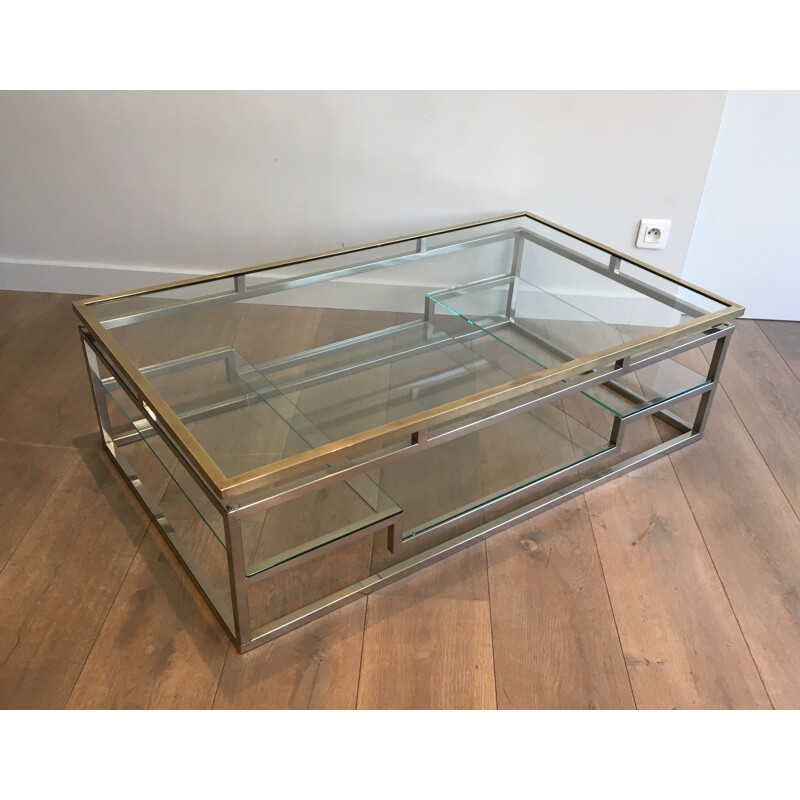 Vintage chrome and brass coffee table, France 1970