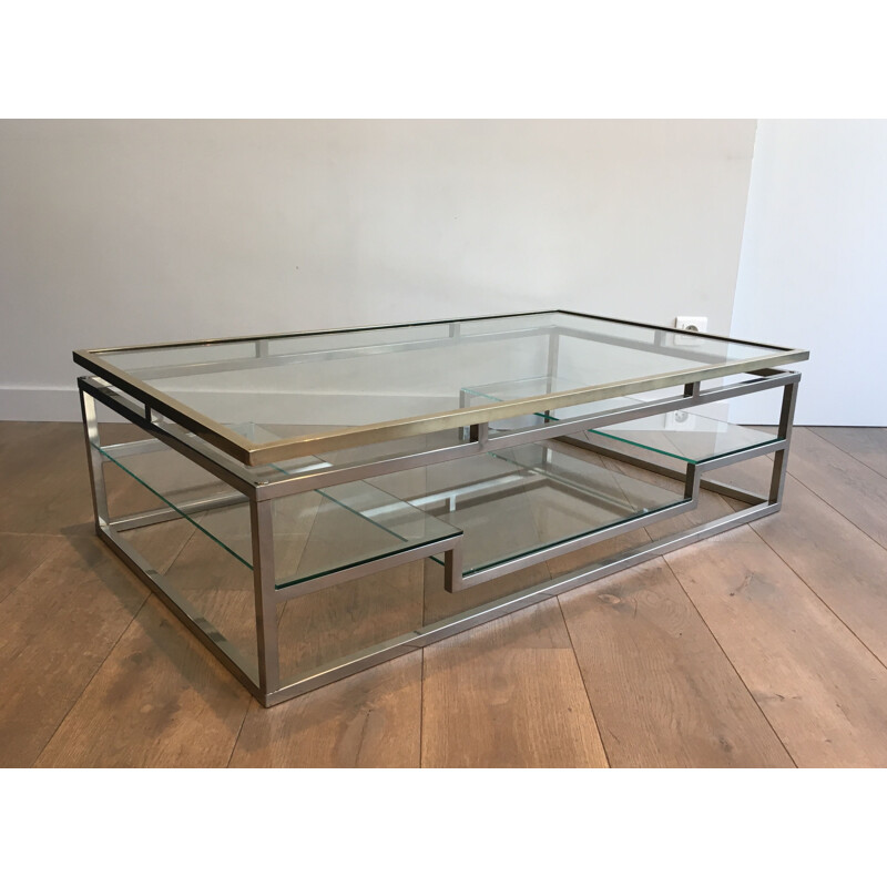 Vintage chrome and brass coffee table, France 1970