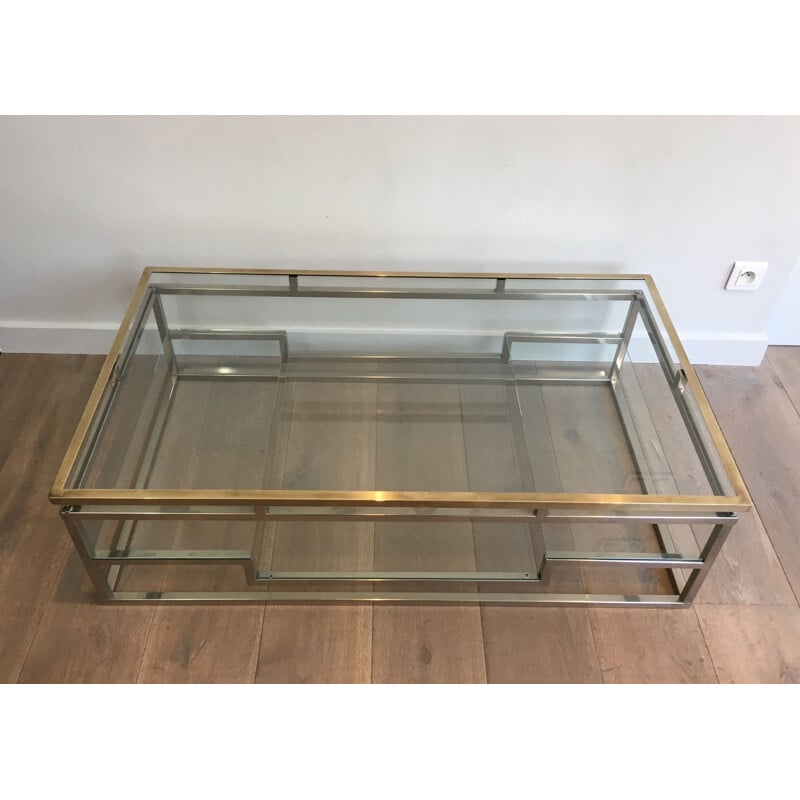 Vintage chrome and brass coffee table, France 1970