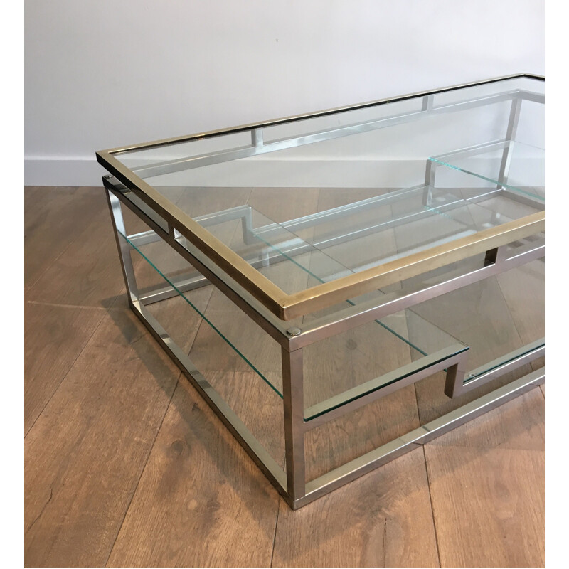 Vintage chrome and brass coffee table, France 1970