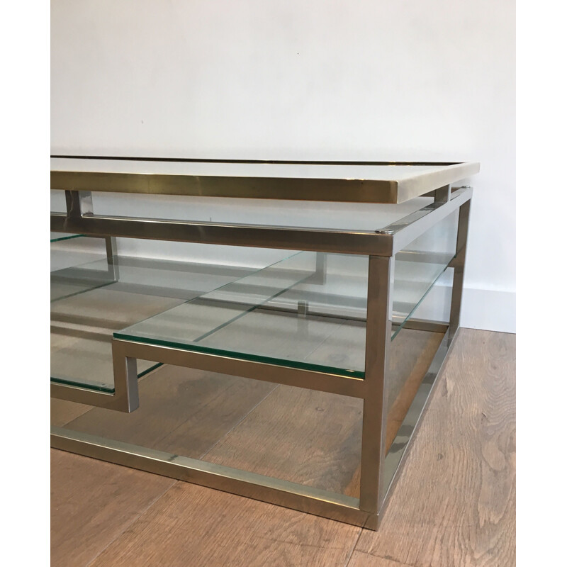 Vintage chrome and brass coffee table, France 1970