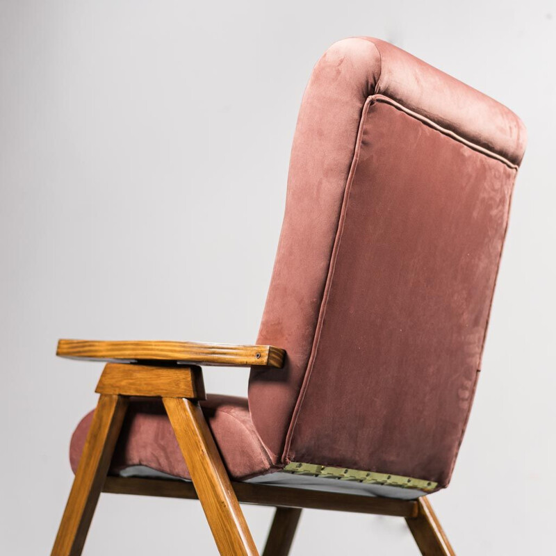 Paire de fauteuils inclinables vintage en bois et velours, 1970
