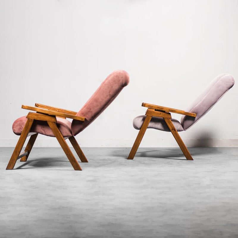 Paire de fauteuils inclinables vintage en bois et velours, 1970