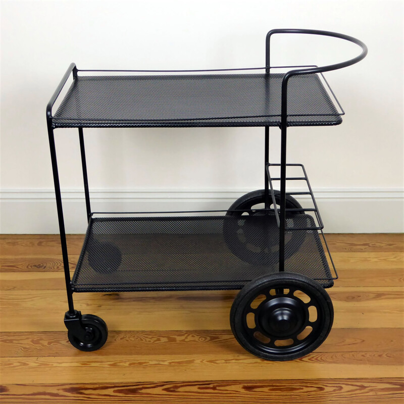 Black perforated steel trolley, Mathieu MATEGOT - 1950s